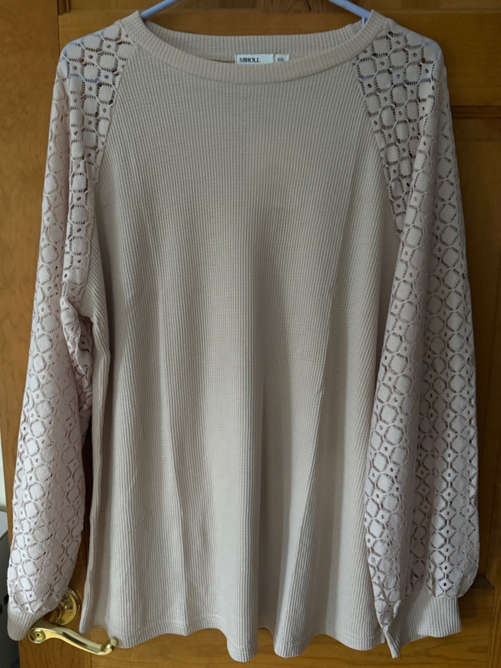 Light Pink Lace-Sleeve Waffle Knit Top